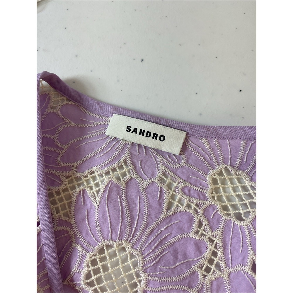Sandro Broderi  Dress Purple flutter sleeve floral eyelet sz 40‎ US 8-10 - Picture 5 of 10
